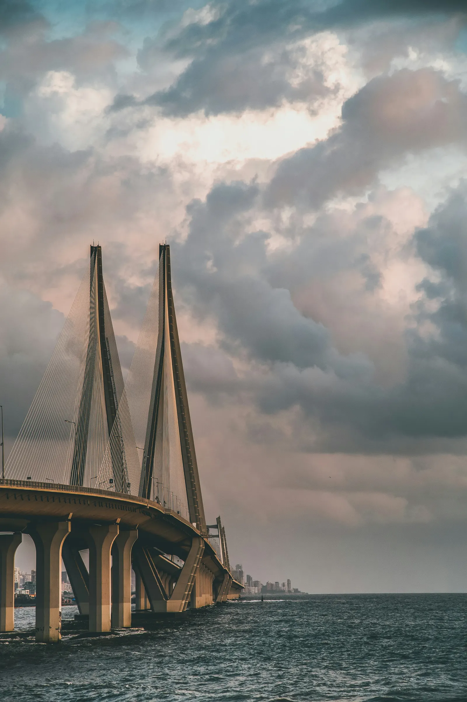 The Sea Link pylons and cables against a cloudy sky